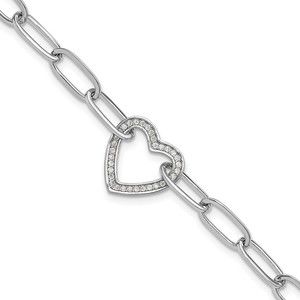 925 Sterling Silver Trendy Paperclip Design CZ Heart w 1in ext. Ladies Bracelet